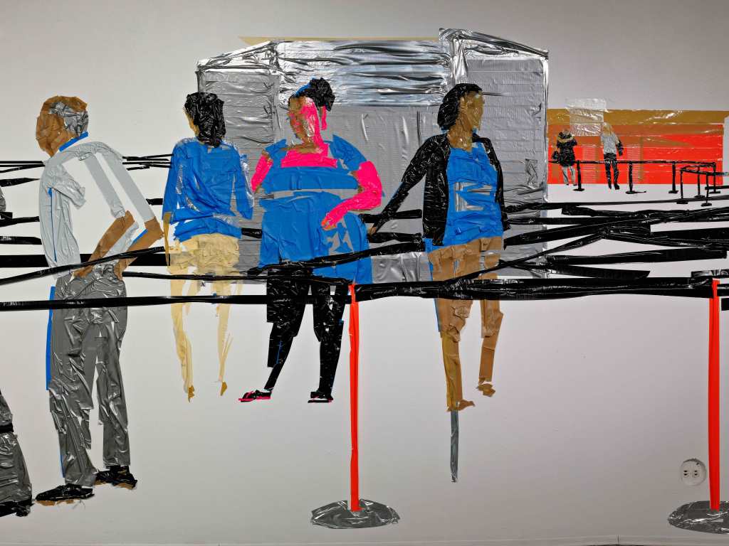 Airport In Security (installation view), duct tape on wall, 44’x12’, 2012